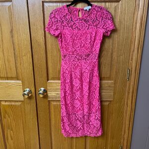 NSR Stretch Lace Peekaboo Midi Dress Short Sleeve Size XS PINK Floral Bodycon